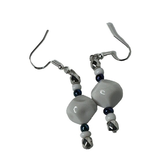 Handmade White and Blue Green Seed Bead Drop Earrings S925 Ear Hooks - Picture 5 of 6